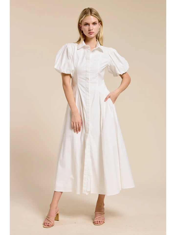 Puff-Sleeve Midi Dress - White