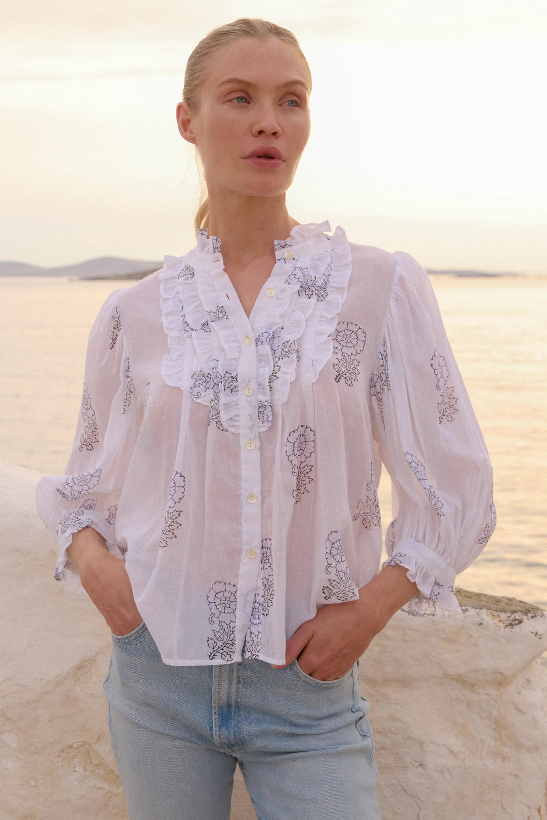 Ruffle Front Button Blouse- Leela Sky