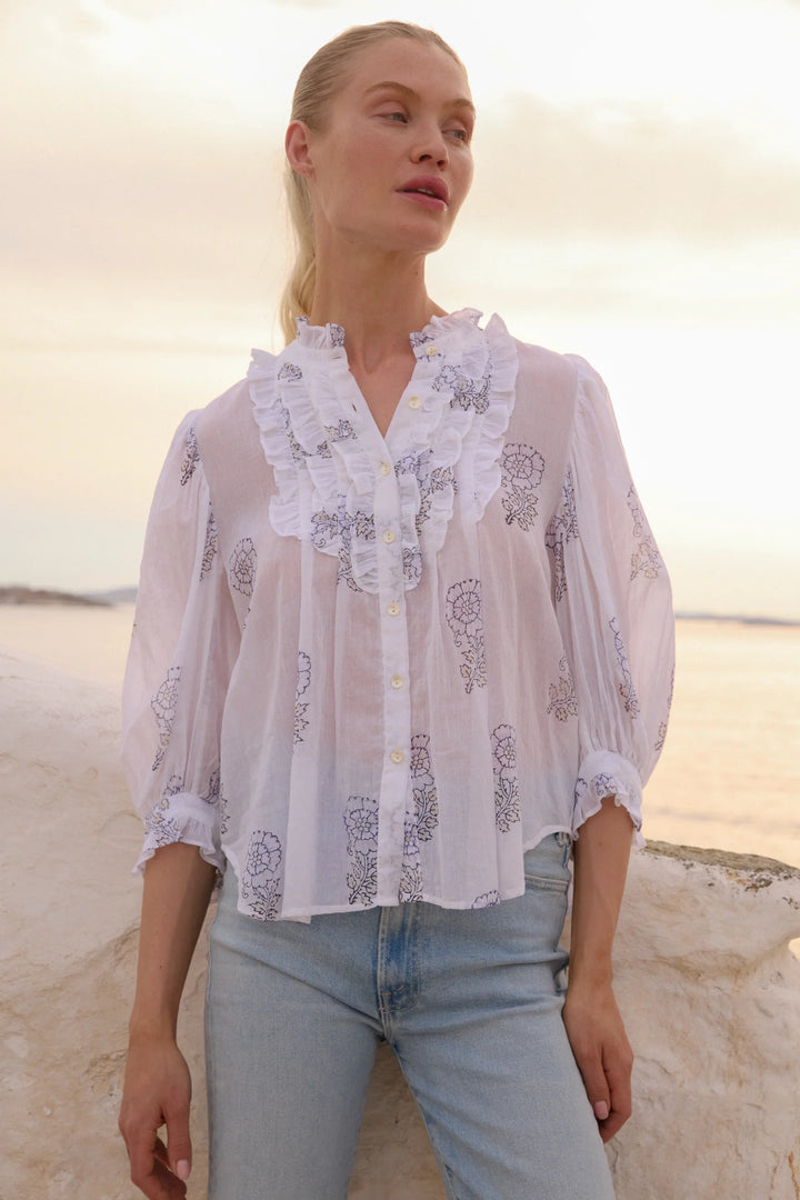 Ruffle Front Button Blouse- Leela Sky