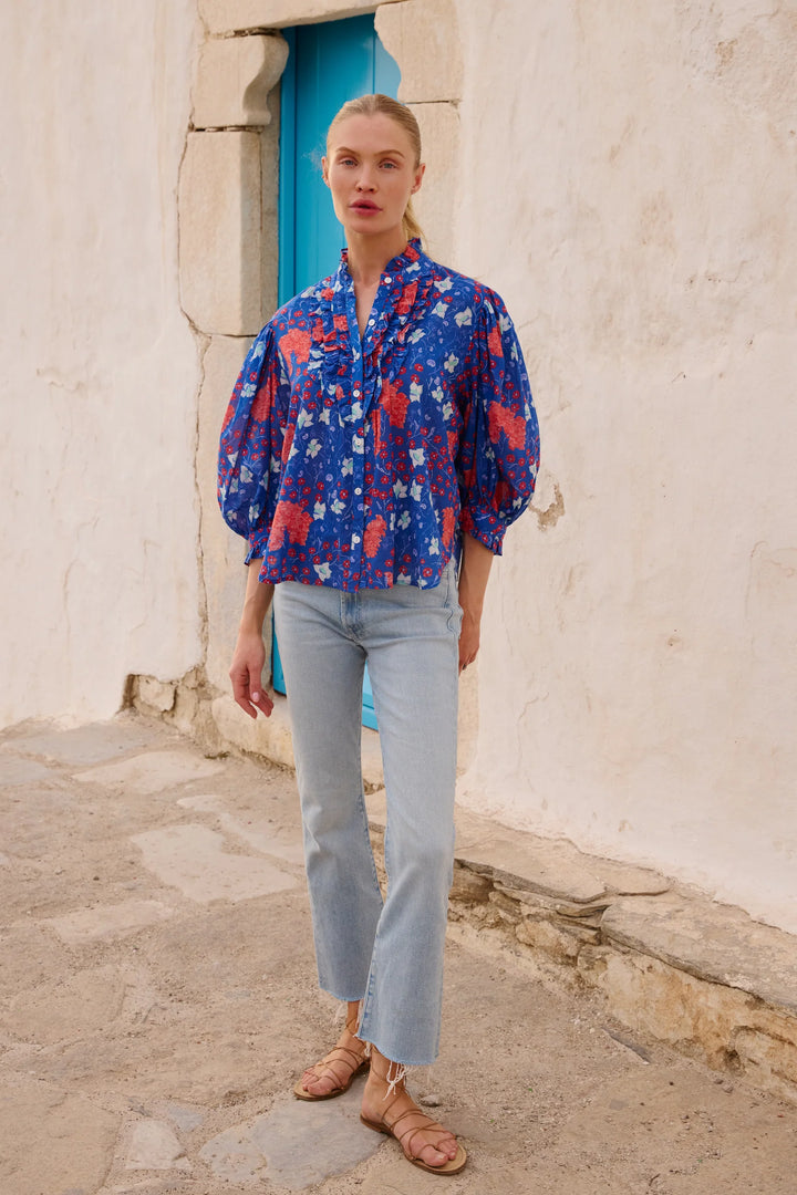 Ruffle Front Button Blouse- Fluer Blue