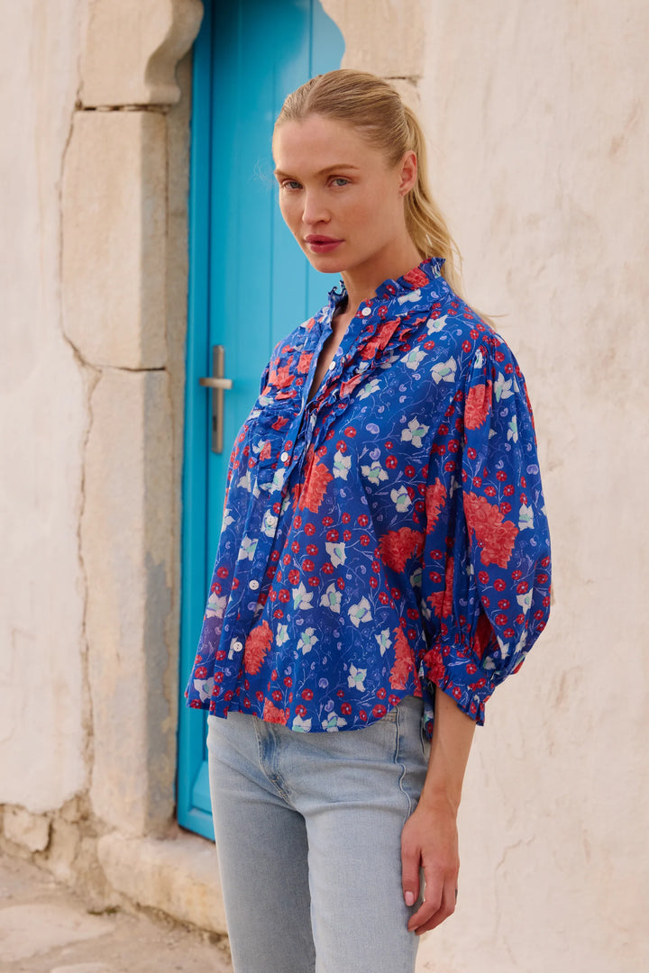 Ruffle Front Button Blouse- Fluer Blue
