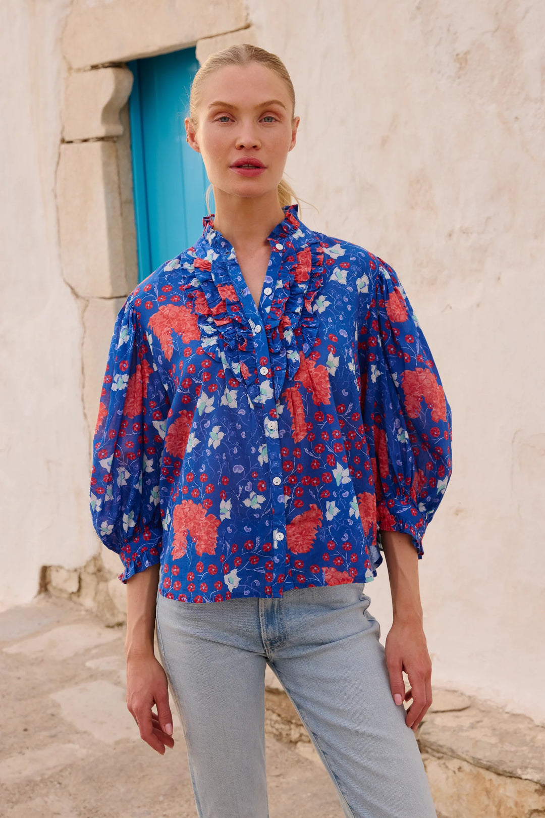 Ruffle Front Button Blouse- Fluer Blue