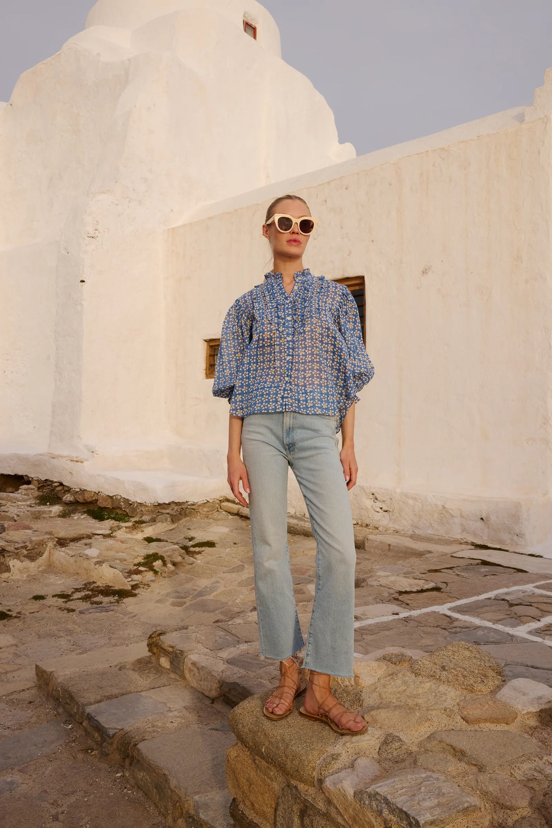 Ruffle Front Button Blouse- Aster Blue