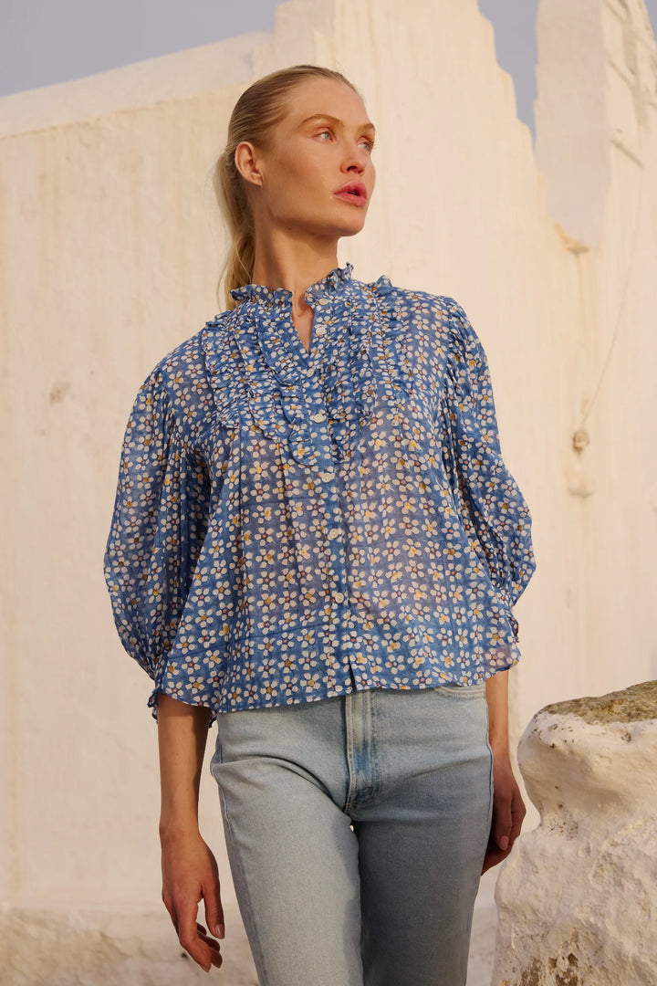Ruffle Front Button Blouse- Aster Blue