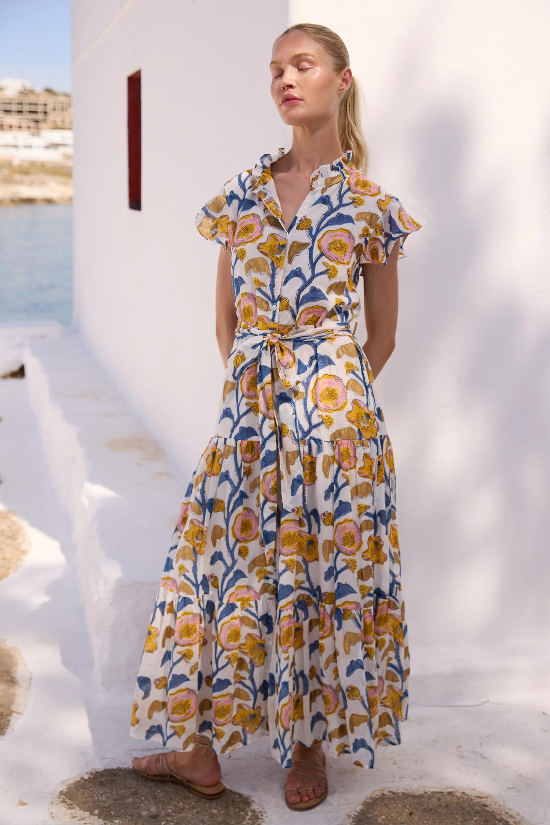 Ruffle Collar Button Maxi - Poppy Marigold