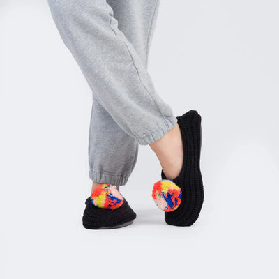 Marble Pom Knit Slippers - Black