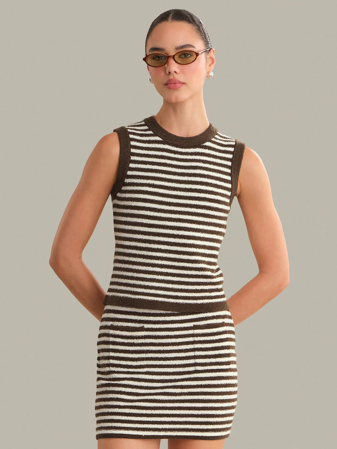 Alessia Teddy Stripe Crew Neck Tank - Shaved Chocolate Combo