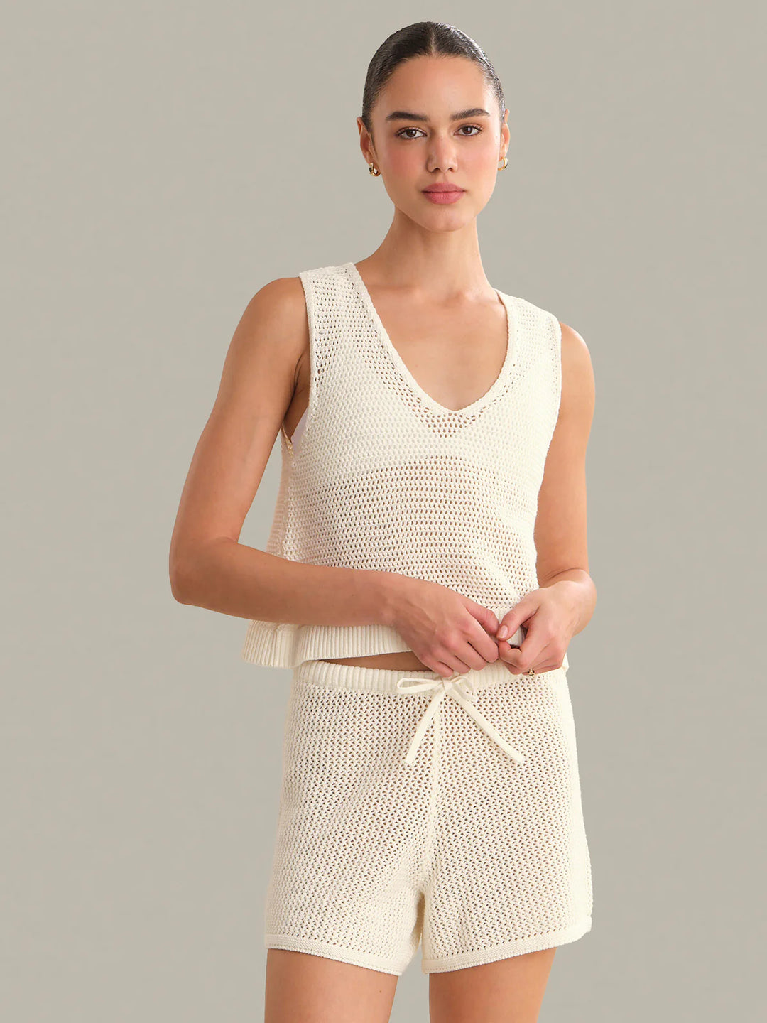 Rosa V-Neck Pointelle Mesh Tank - Chalk