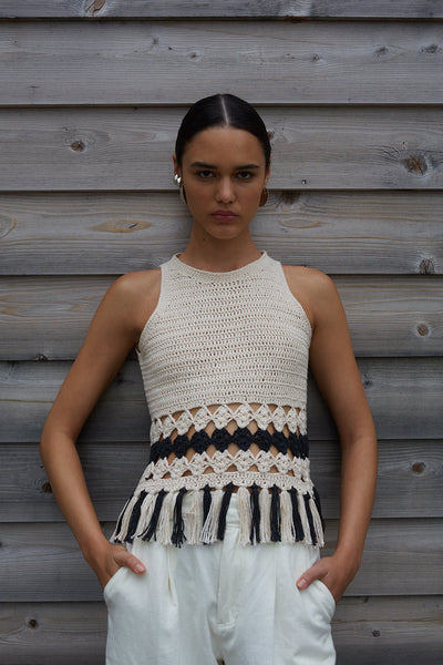 Maria Crochet Tank - Ivory & Black