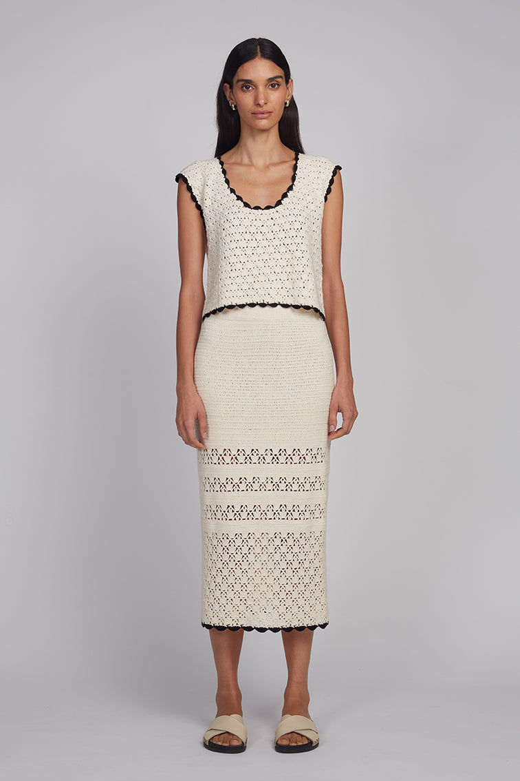 Zaria Crochet Top - Ivory w/ Black Tipping