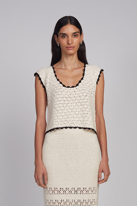 Zaria Crochet Top - Ivory w/ Black Tipping