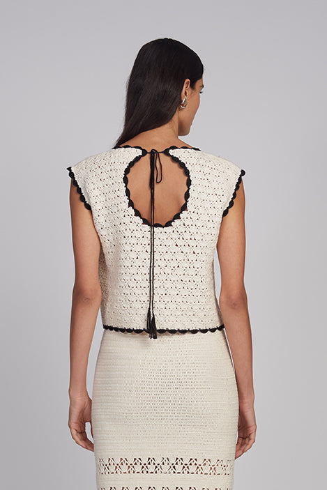 Zaria Crochet Top - Ivory w/ Black Tipping