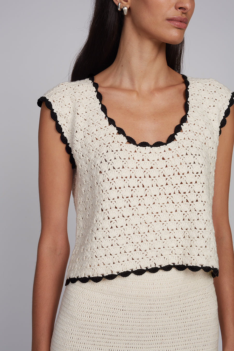 Zaria Crochet Top - Ivory w/ Black Tipping