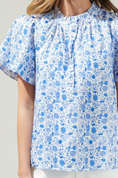 Luray Floral Lily Ruffle Blouse - Blue/White