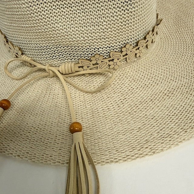 Sun Hat w/ Flower Trim - Cream