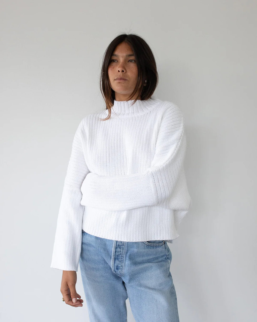 Mock Neck Crop Sweater - White