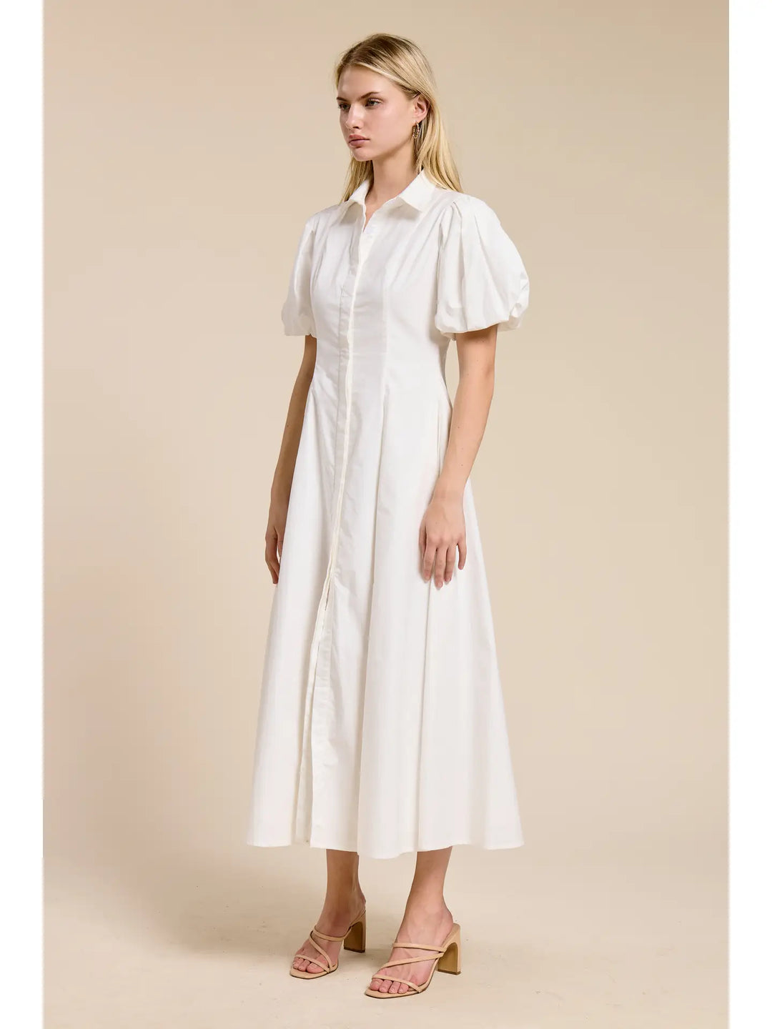 Puff-Sleeve Midi Dress - White