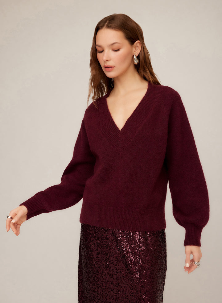Heather V-Neck Sweater - Wine