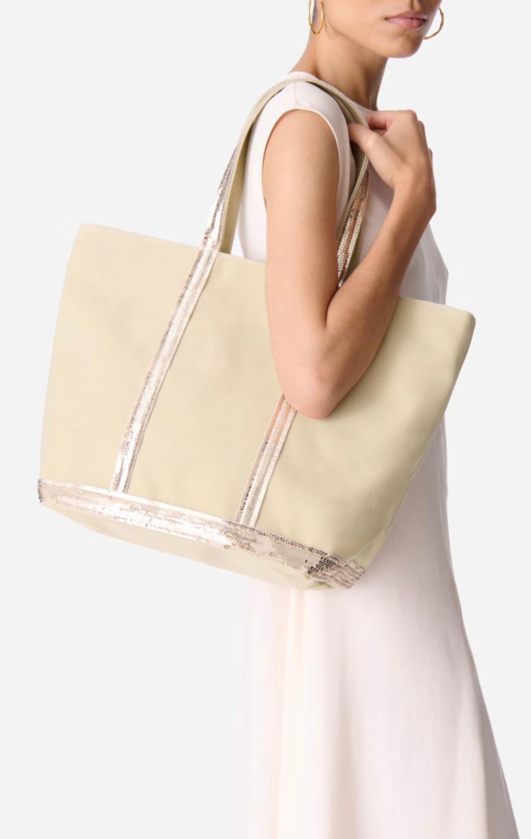 Canvas L Zipped Cabas Tote - Tilleul/Blanc