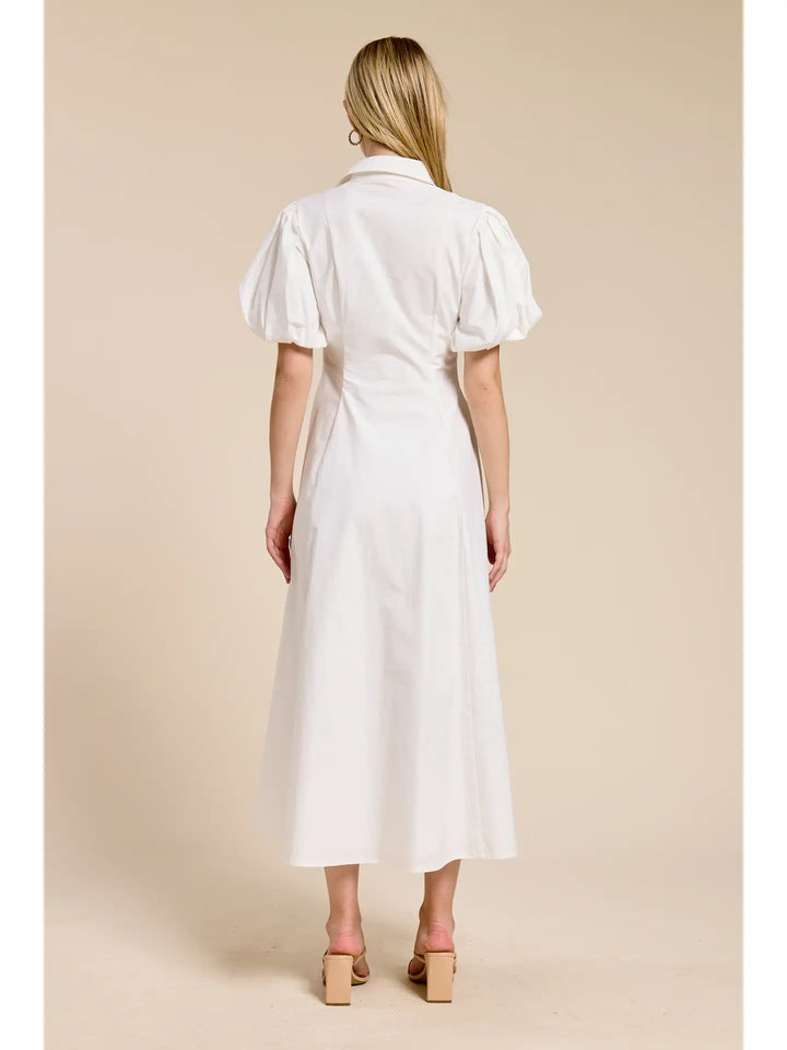 Puff-Sleeve Midi Dress - White