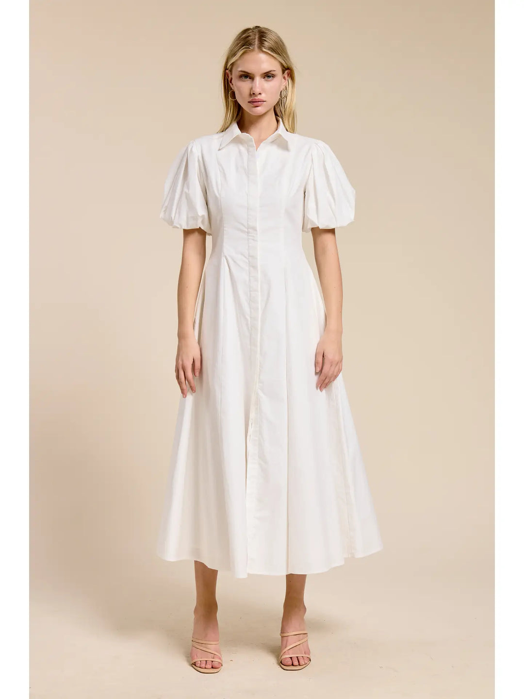 Puff-Sleeve Midi Dress - White