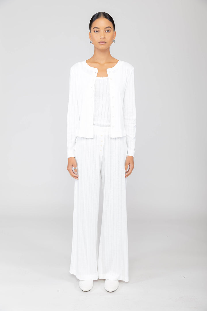 Pointelle Classic Crew Cardigan - White