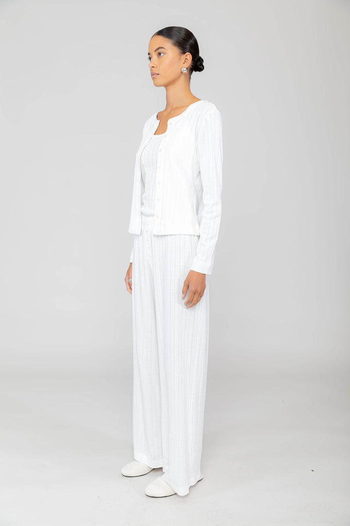 Pointelle Classic Crew Cardigan - White