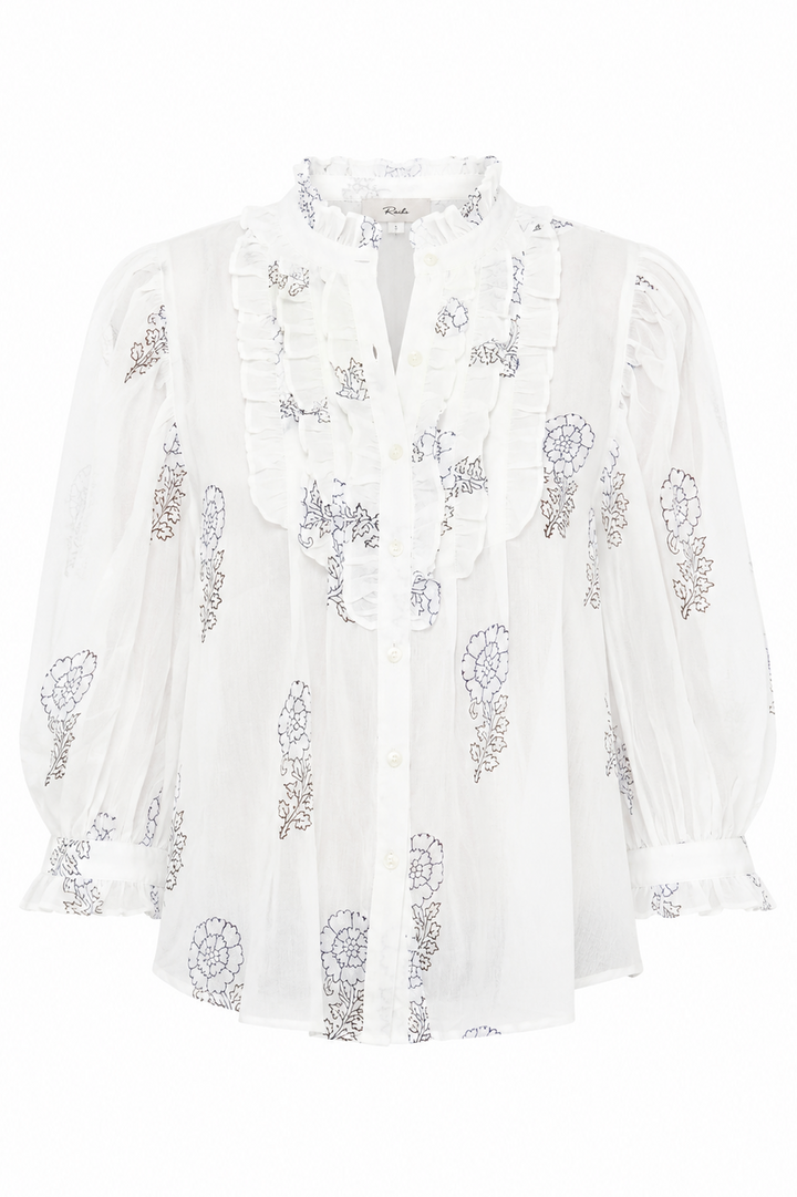 Ruffle Front Button Blouse- Leela Sky