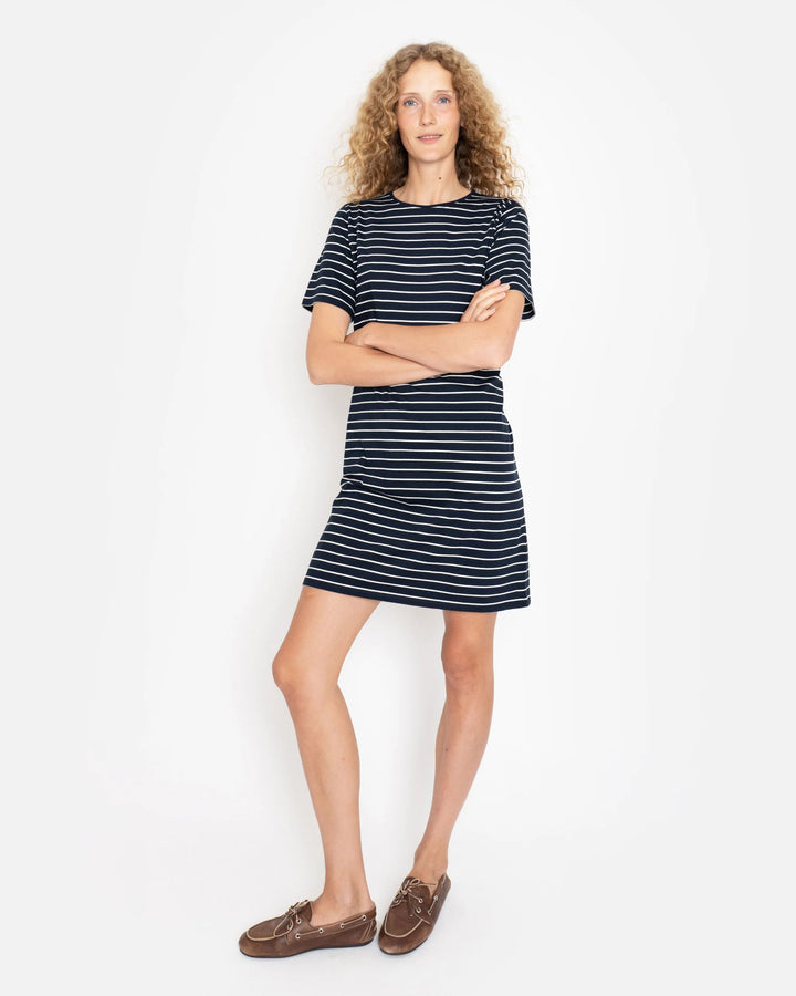 The Tee Dress - Navy/Cream Pinstripes