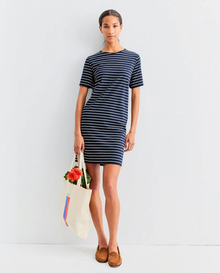 The Tee Dress - Navy/Cream Pinstripes