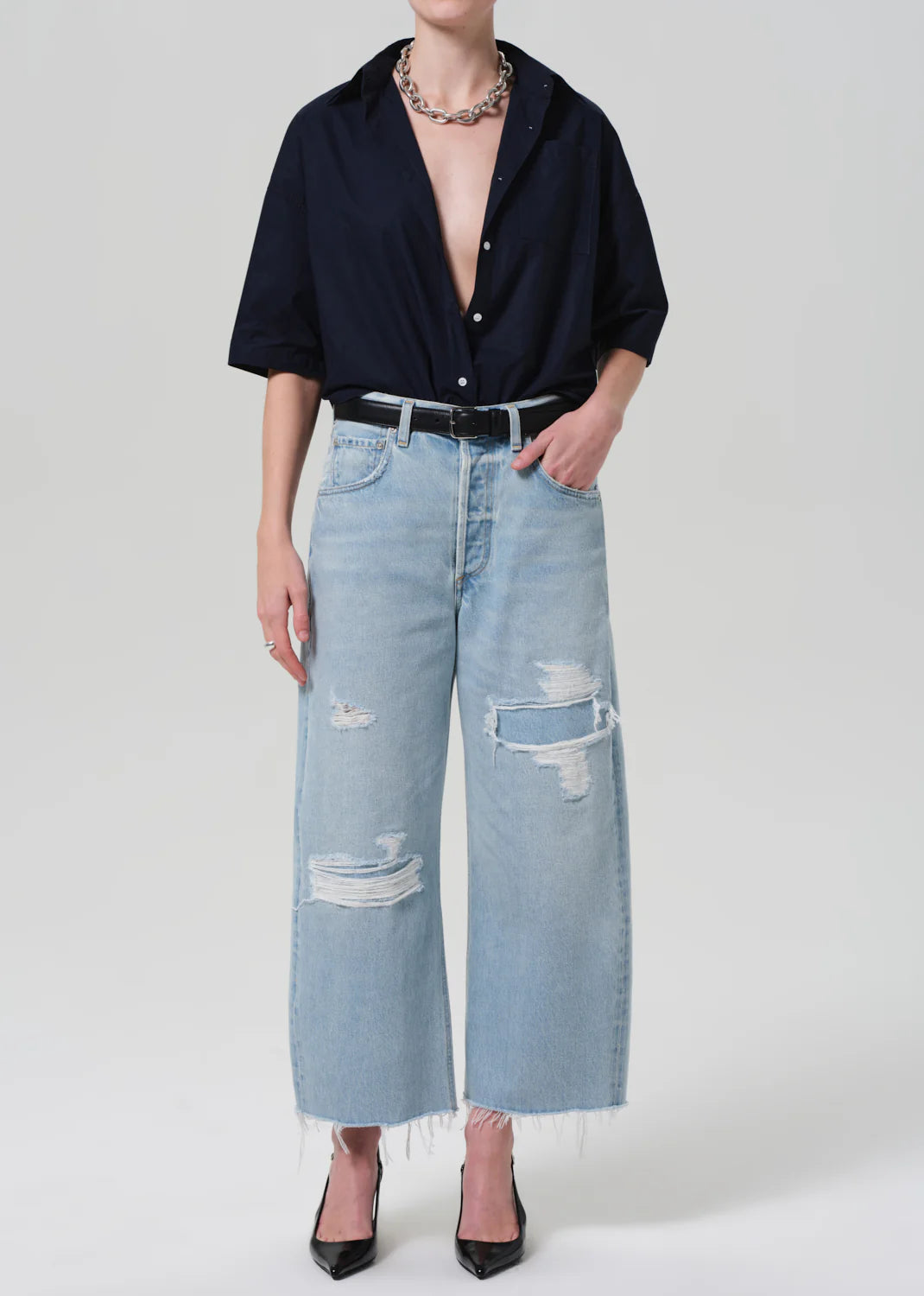 Frances Cropped Cape Button Up - Navy