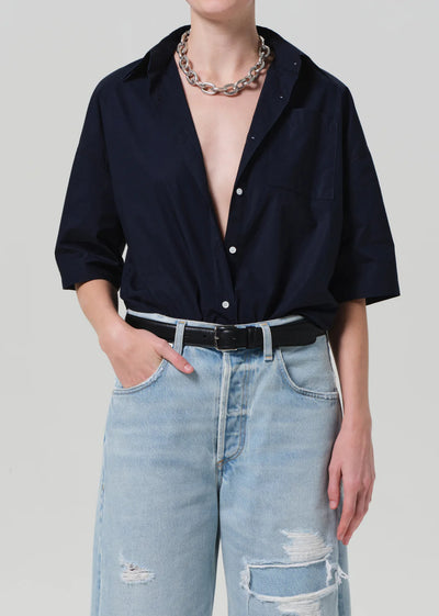 Frances Cropped Cape Button Up - Navy