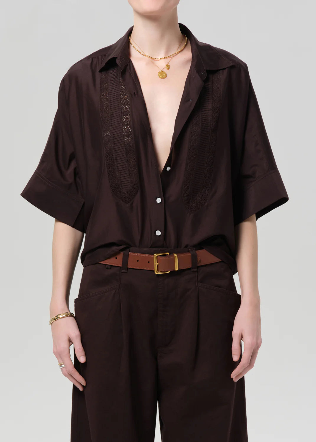 Claire Shirt w/ Lace Insert - Dark Chocolate