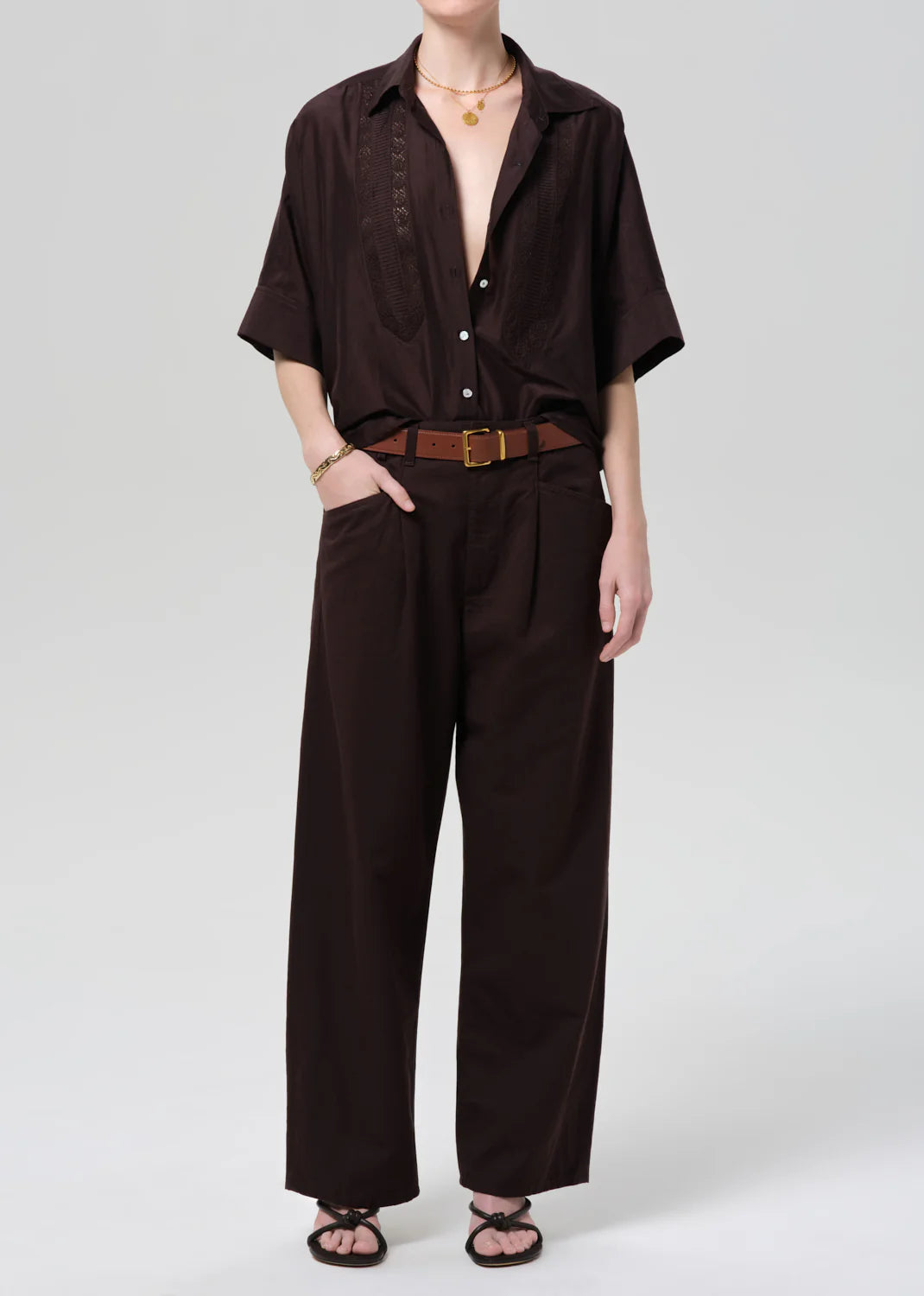 Claire Shirt w/ Lace Insert - Dark Chocolate