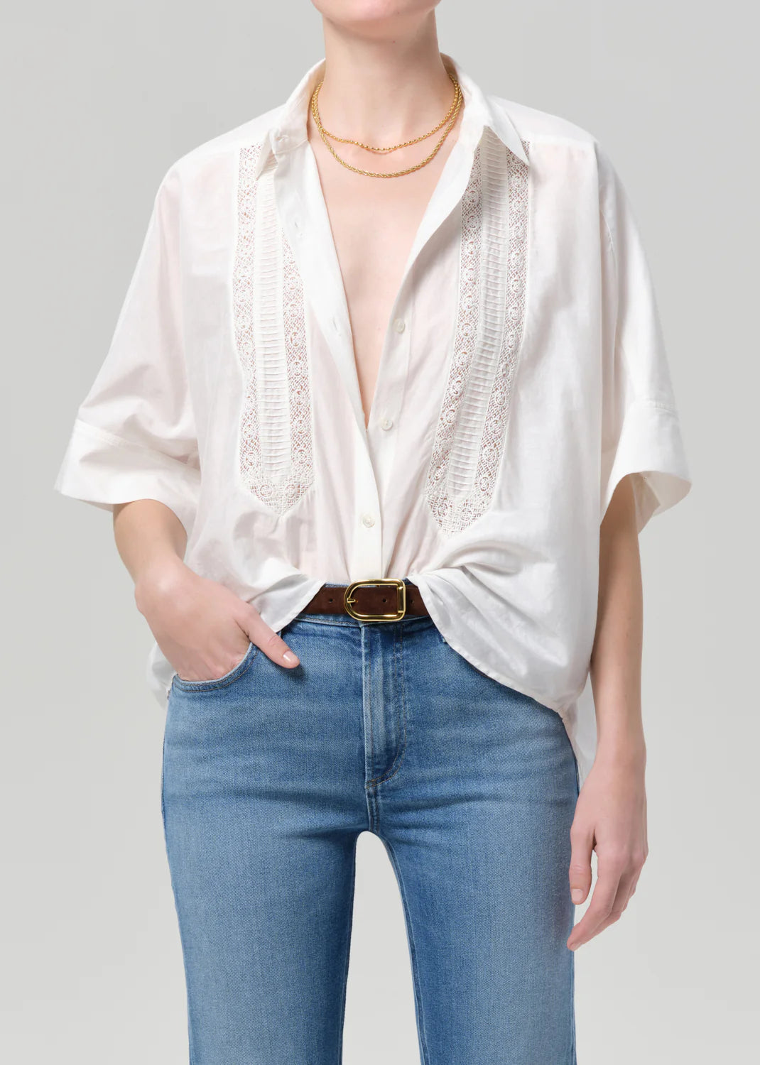 Claire Shirt w/ Lace Insert - White