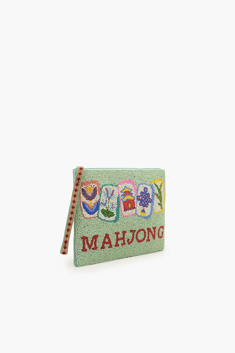 Mahjong Luxe Fully Hand-Beaded Top Zip Clutch