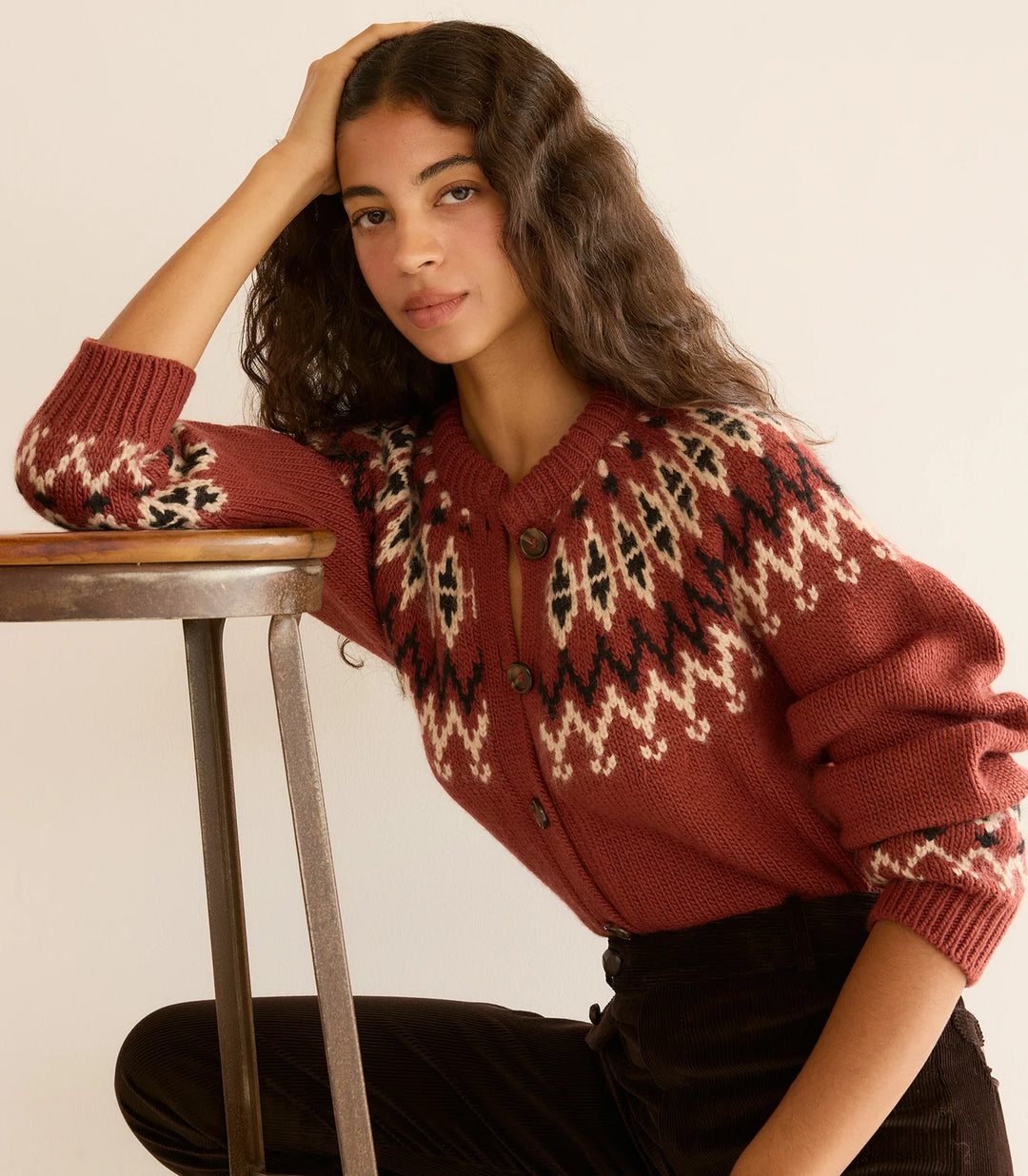 Clarke Cardigan - Burgundy Olympia Fair Isle