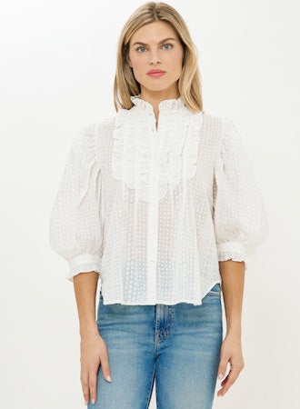 Ruffle Front Button Blouse - Domino White