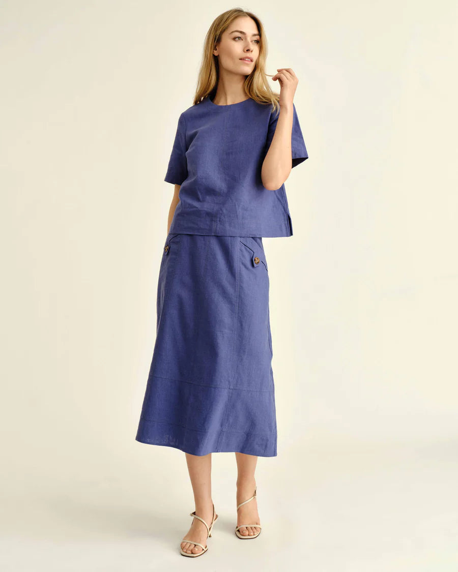 Alice Button Skirt - Coastal Indigo
