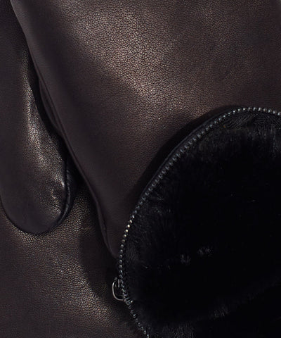 Zip Top Faux Fur Leather Mitten - Black