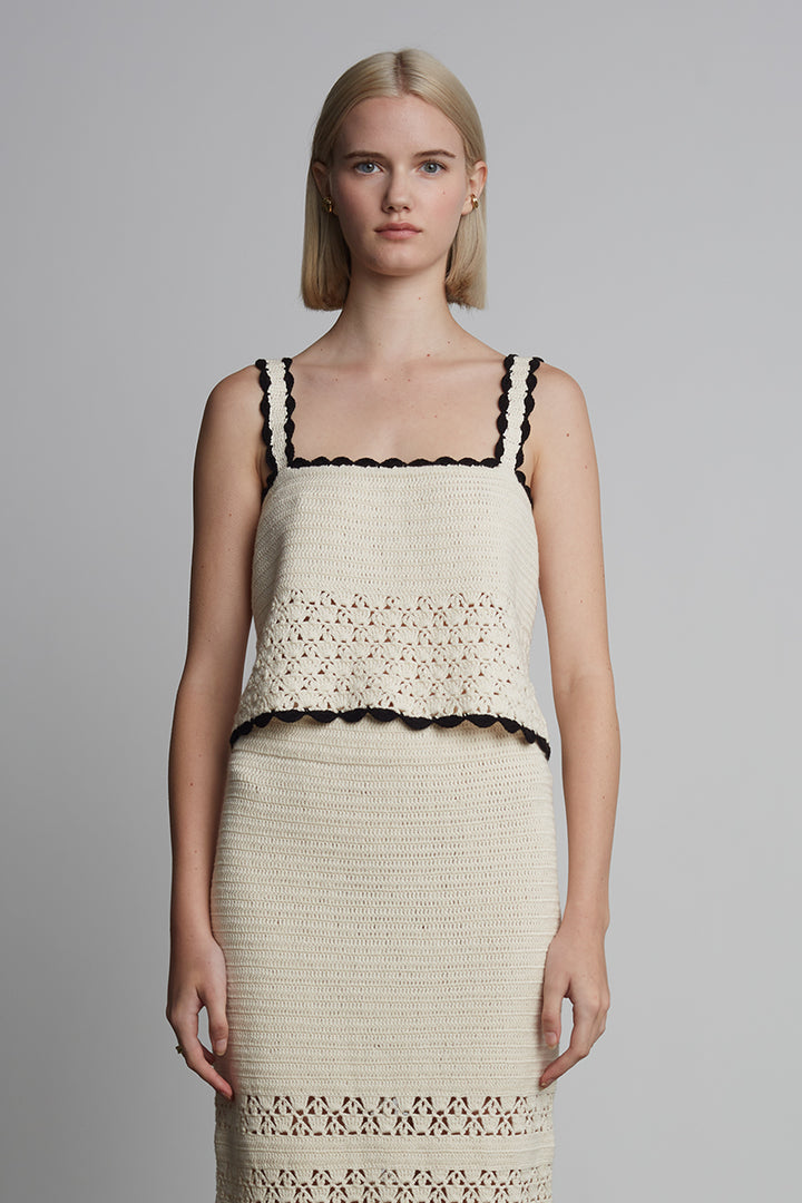 Caria Crochet Top - Ivory w/ Black Tipping