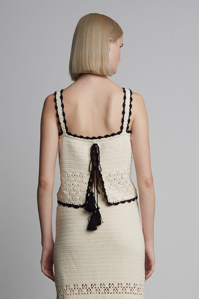 Caria Crochet Top - Ivory w/ Black Tipping