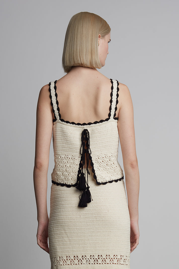 Caria Crochet Top - Ivory w/ Black Tipping