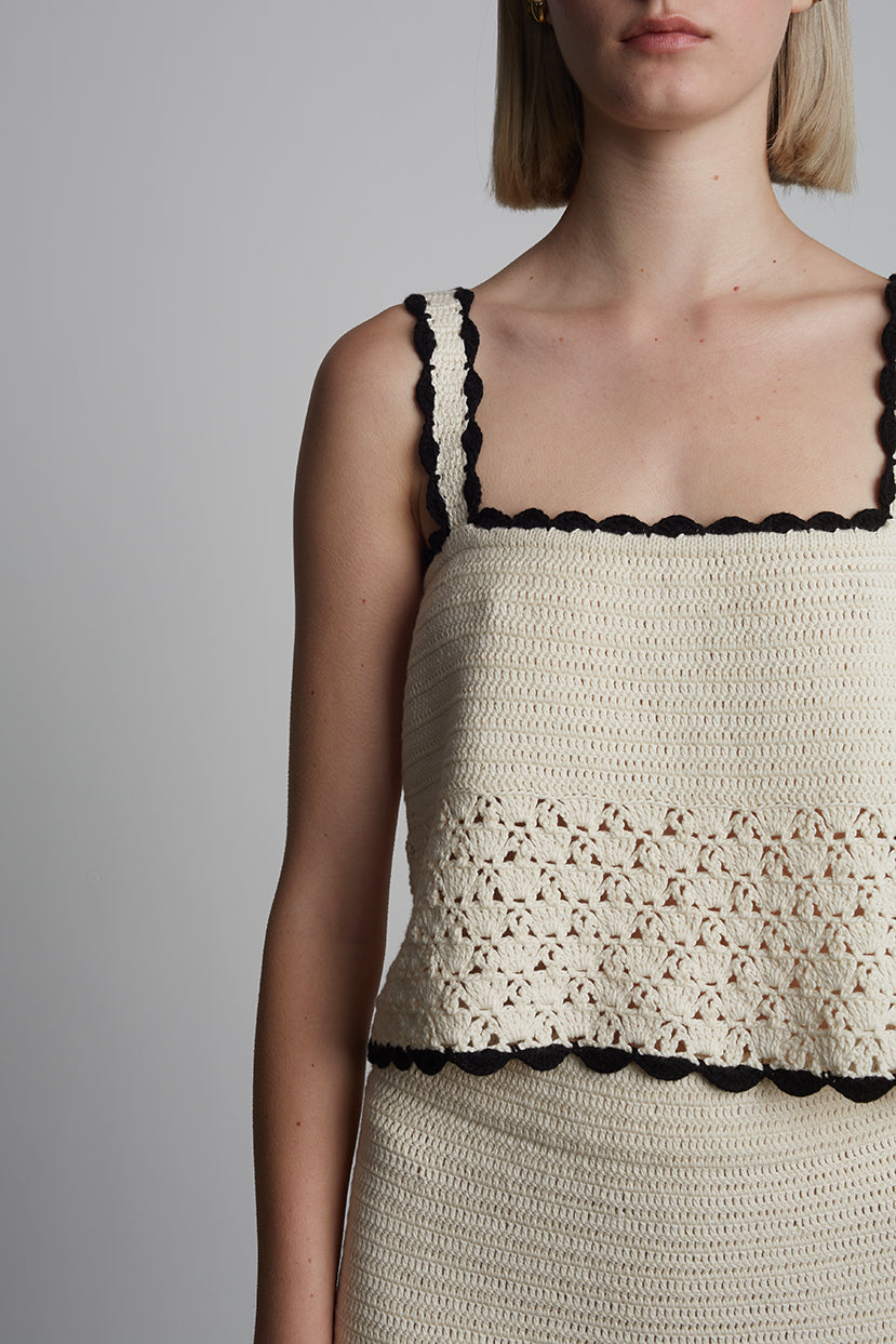 Caria Crochet Top - Ivory w/ Black Tipping