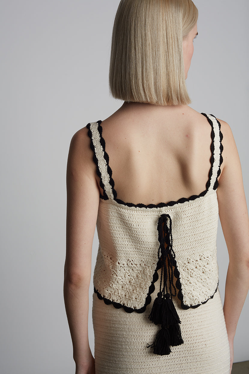 Caria Crochet Top - Ivory w/ Black Tipping