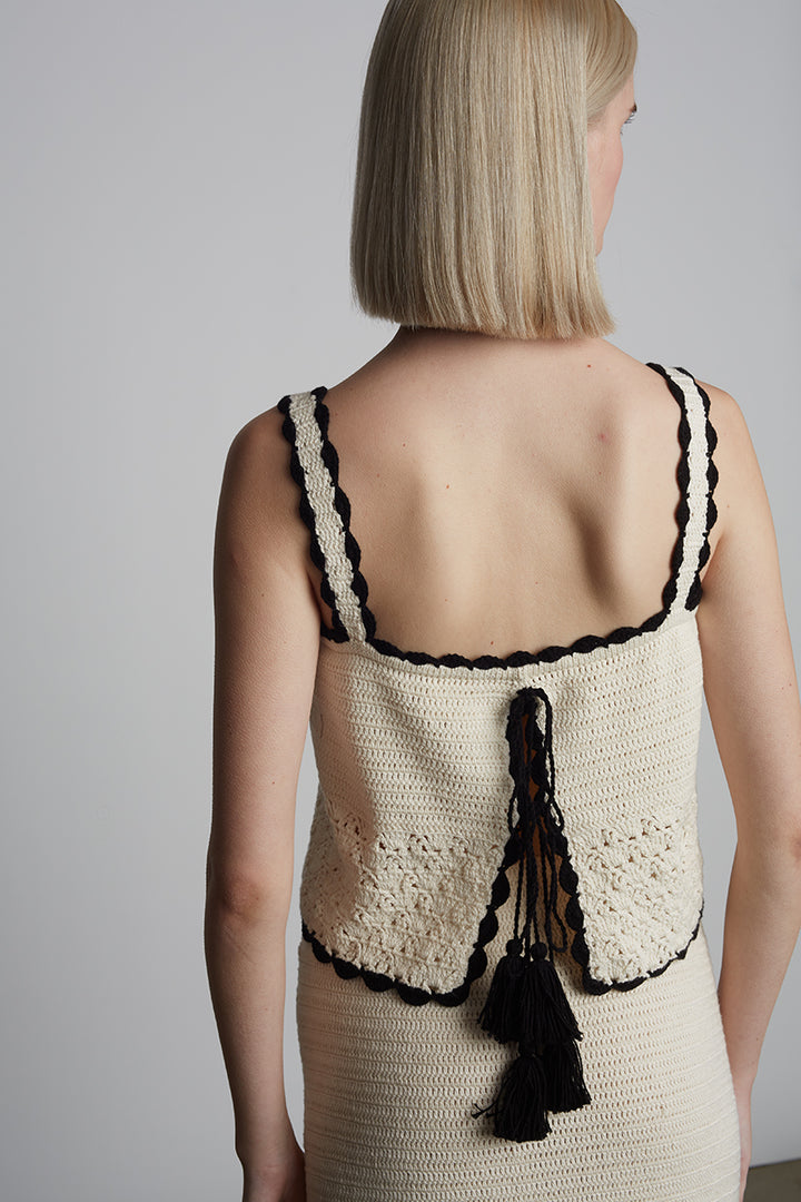 Caria Crochet Top - Ivory w/ Black Tipping