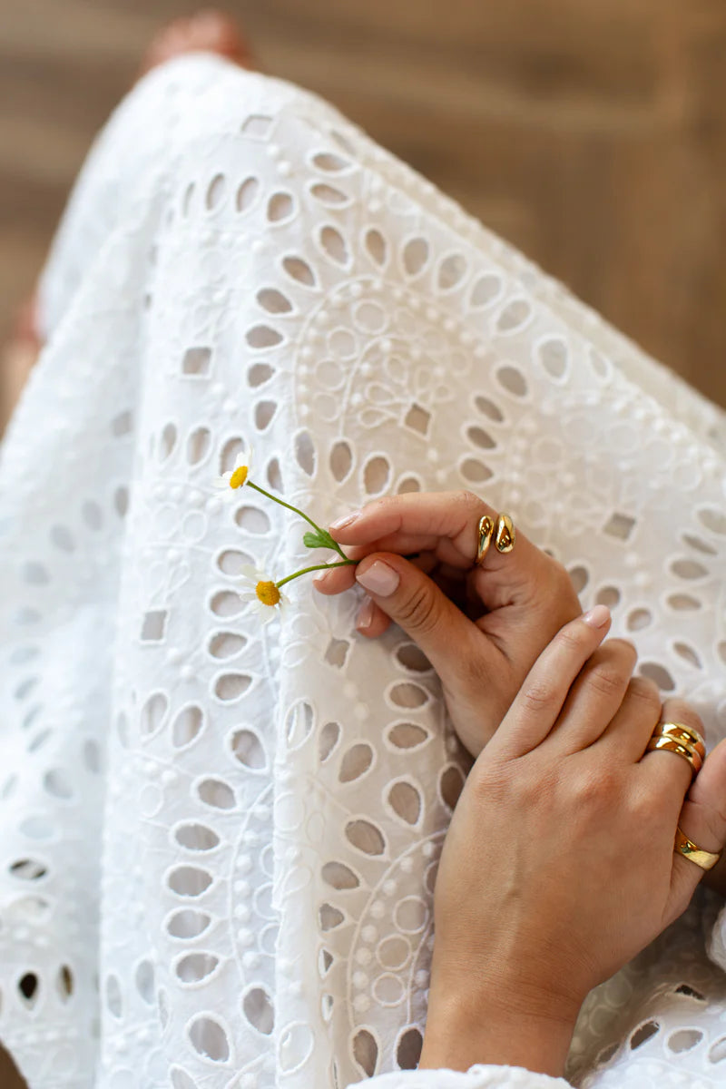 Double Waist Tie Dress - White Scallop Eyelet