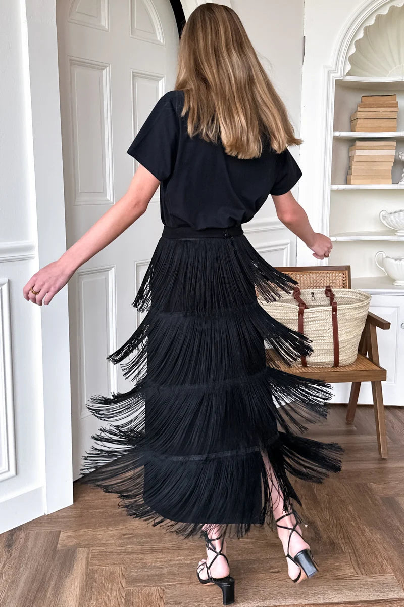 Fringe Maxi Skirt - Black