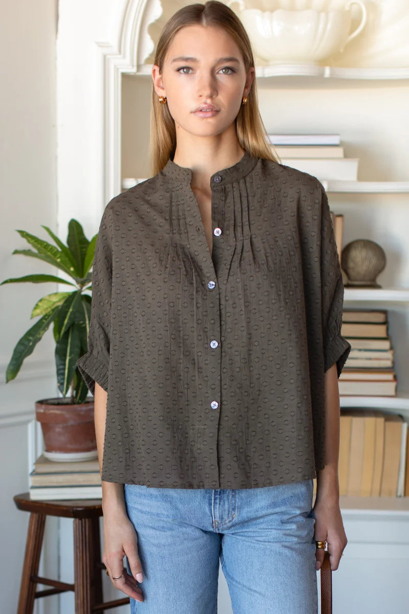 Mandarin Collar Top - Olive Grove Dots