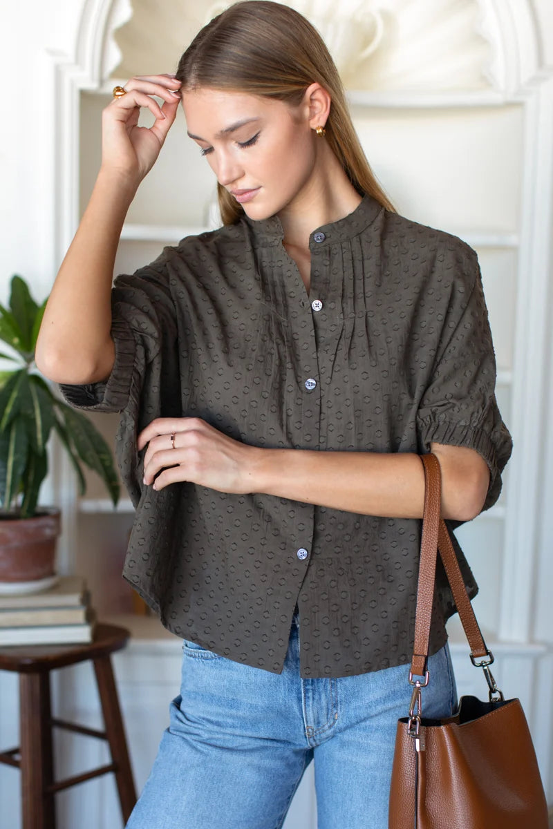 Mandarin Collar Top - Olive Grove Dots